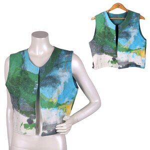 Mexico Handmade Vest Grasol Boutique Cropped Cotton Watercolours Blue Green